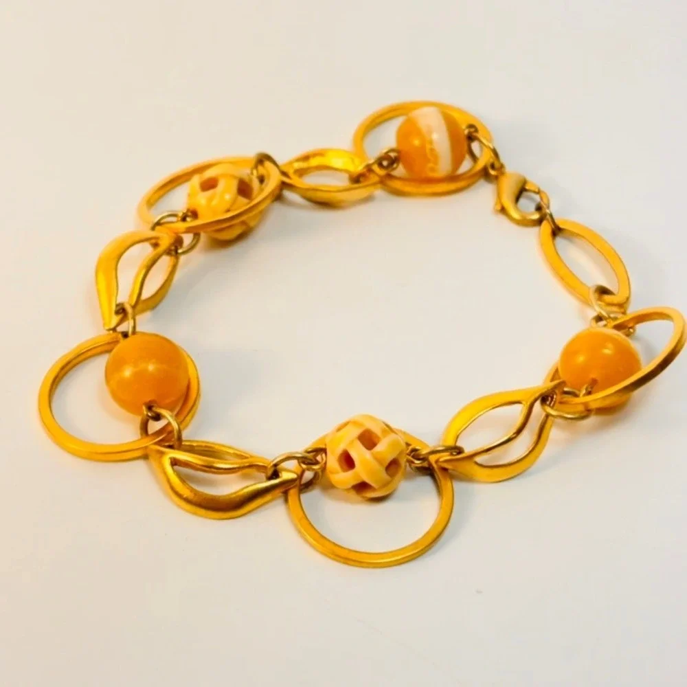 Vintage Link Bracelet Gold Yellow Marbled Bead Boho Chic Minimalist 90s